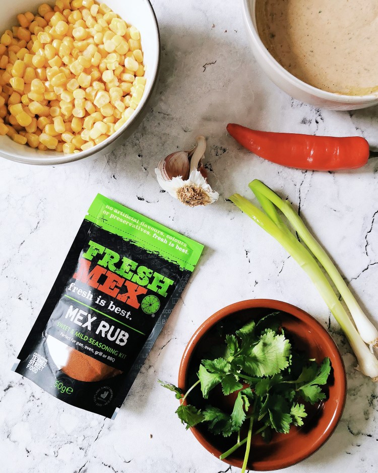 Flatlay of ingredients needed to make sweetcorn fritter recipe using Fresh Mex Sweet & Mild Mex Rub